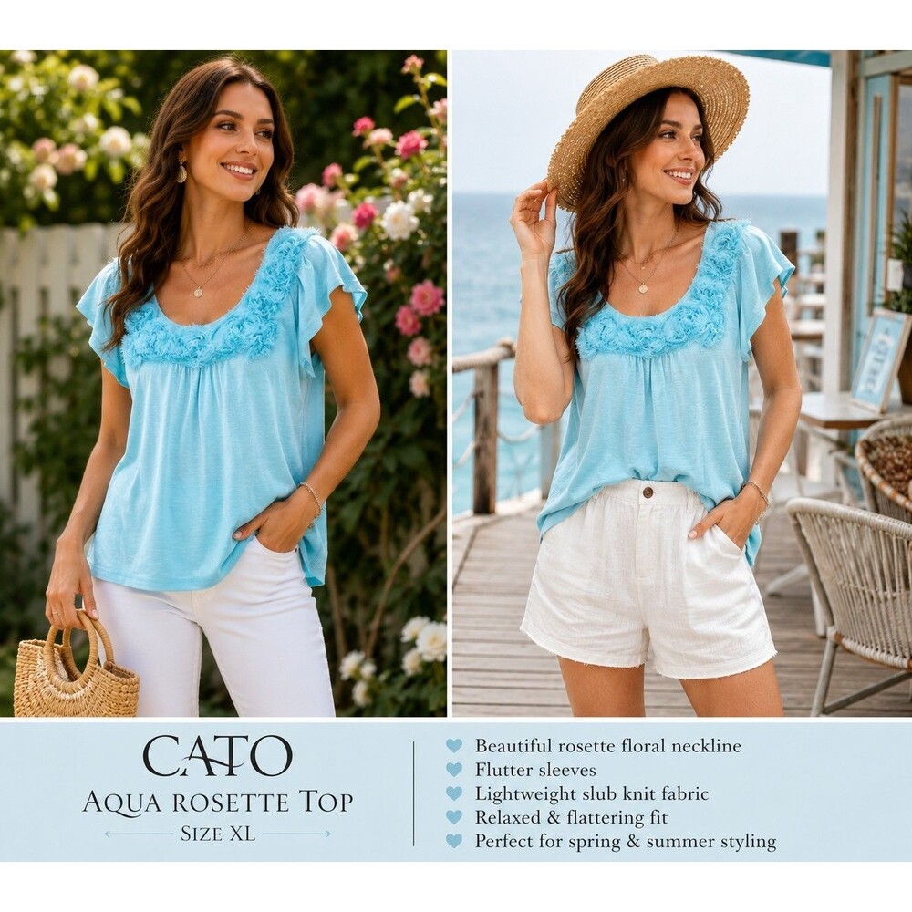 Cato Aqua Rosette Flutter Sleeve Top XL Romantic Feminine Cottagecore Boho Chic